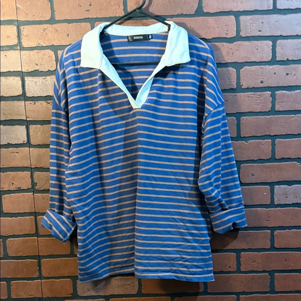 Blue and White Striped Long Sleeve Top